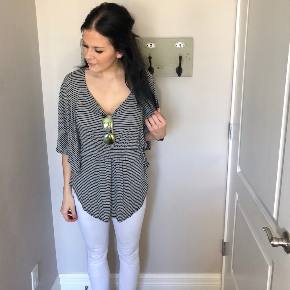 Black and grey striped butterfly scoop neck shirt